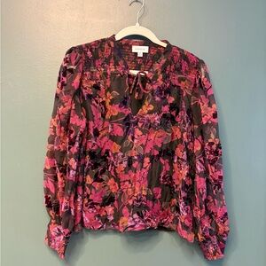EVEREVE Floral Velvet Burnout Smocked Sheer Feminine Flowy Office Blouse size M